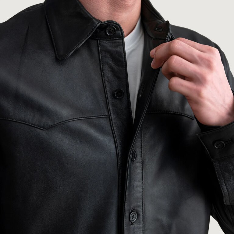 Mens Bronco Black Leather Shirt Close-Up-9-1724066464988